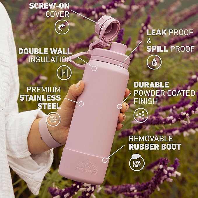 Hydrapeak 32oz Sport Insulated Water Bottle with Chug Lid, Leak & Spill Proof, Keeps Drinks Cold for 24 Hours, Hot for 12 Hours, Premium Stainless Steel Water Bottles (32oz, Peony)