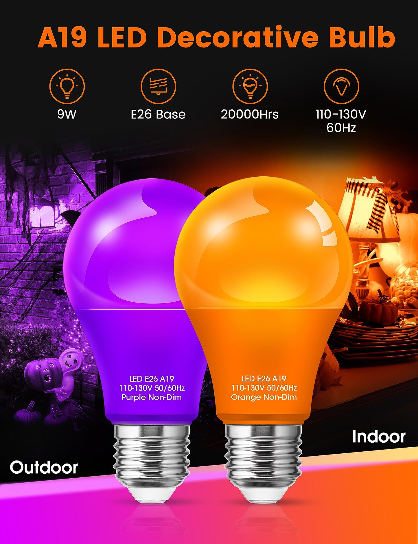 Woxeon A19 Led Light Bulbs 4 Pack - 2 Orange & 2 Purple, 9W (60W Equivalent), E26 Base, Plastic - Perfect For Halloween & Holiday Decor