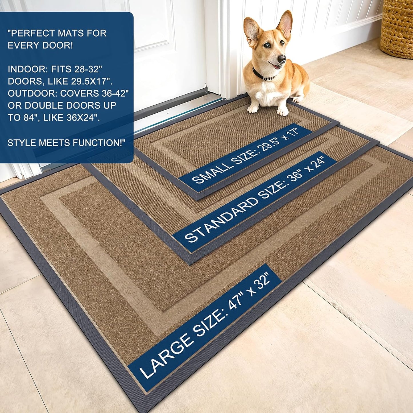 OLANLY Front Door Mat Indoor Outdoor Entrance, Waterproof All-Season, All-Weather Doormat, Sturdy Natural Rubber, Fade Resistant, Low Profile, Easy Clean Patio Porch Entryway Mat, 71x47, Light Brown
