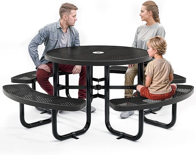Metal Picnic Tables for Outdoors with Umbrella Hole - Coated Steel Heavy Duty Commercial Grade Table with Adjustable Seats (Black, 46 in, Round, Expanded Steel)