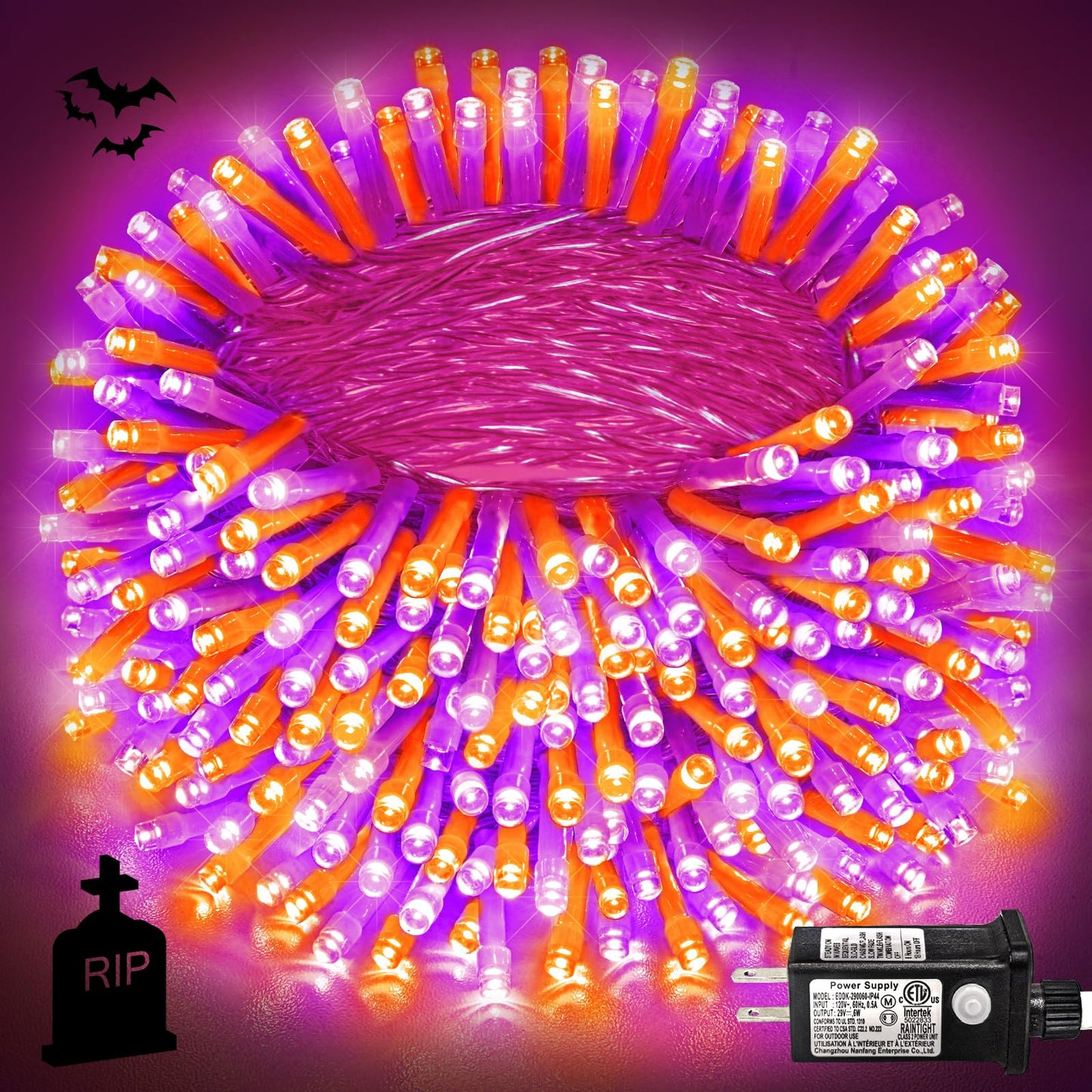 Einiiya 600 Led Christmas String Lights Outdoor  197 Ft String Lights Outdoor Clear Wire With 8 Modes  Plug In Waterproof Lights For Tree Party Christmas Thanksgiving Decorations  Purple&Orange