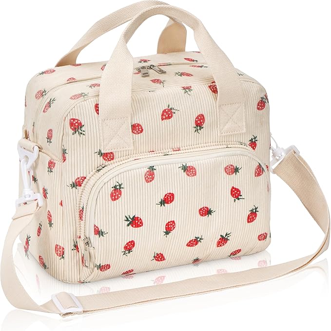 Large Lunch Bag for Women Strawberry Insulated Lunch Box Reusable Cooler Bag Portable Cute Corduroy Leakproof Tote Bags for Travel, Work, and Picnic