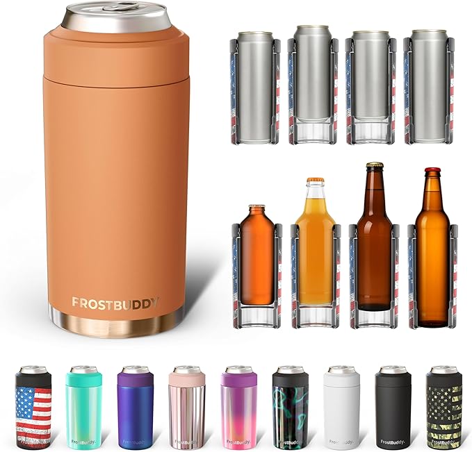 Frost Buddy Universal Can Cooler - Fits all - Stainless Steel Can Cooler for 12 oz & 16 oz Regular or Slim Cans & Bottles - Stainless Steel (Caramel)