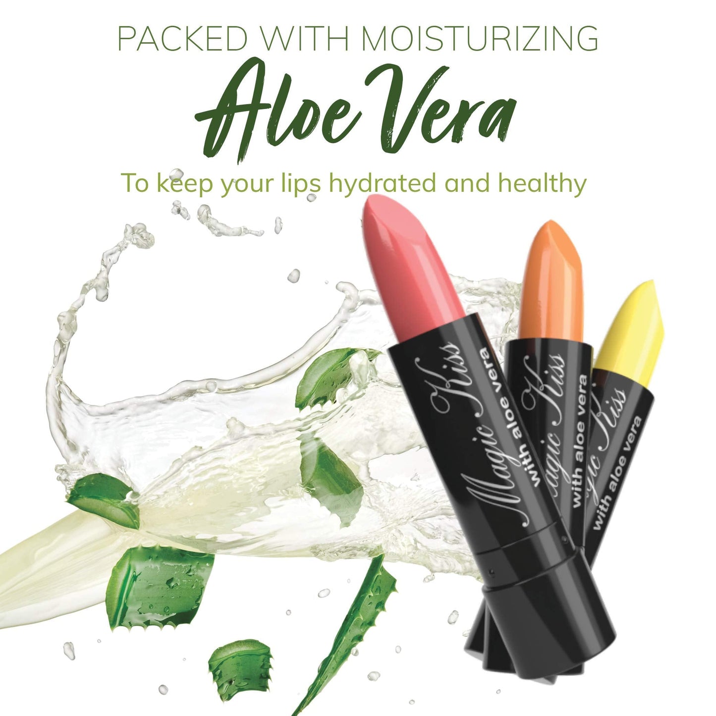 Magic Kiss Pack of 12 Color Changing Aloe Vera Lipstick set, MADE IN USA (Black)