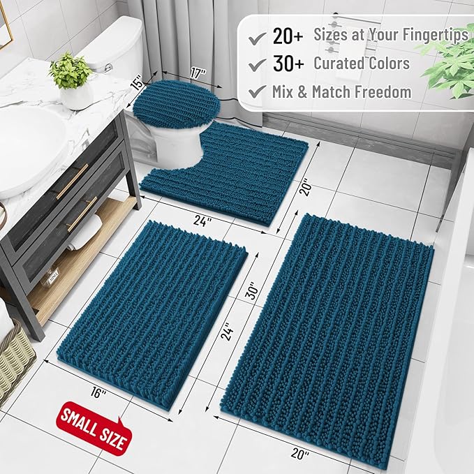 Arotive Luxury Chenille Bathroom Rug Mat, Extra Soft Thick Absorbent Shaggy Bath Rugs, Non-Slip Machine Wash Dry, Plush Bath Mats for Bathroom, Shower and Tub, 40x32, Peacock Blue
