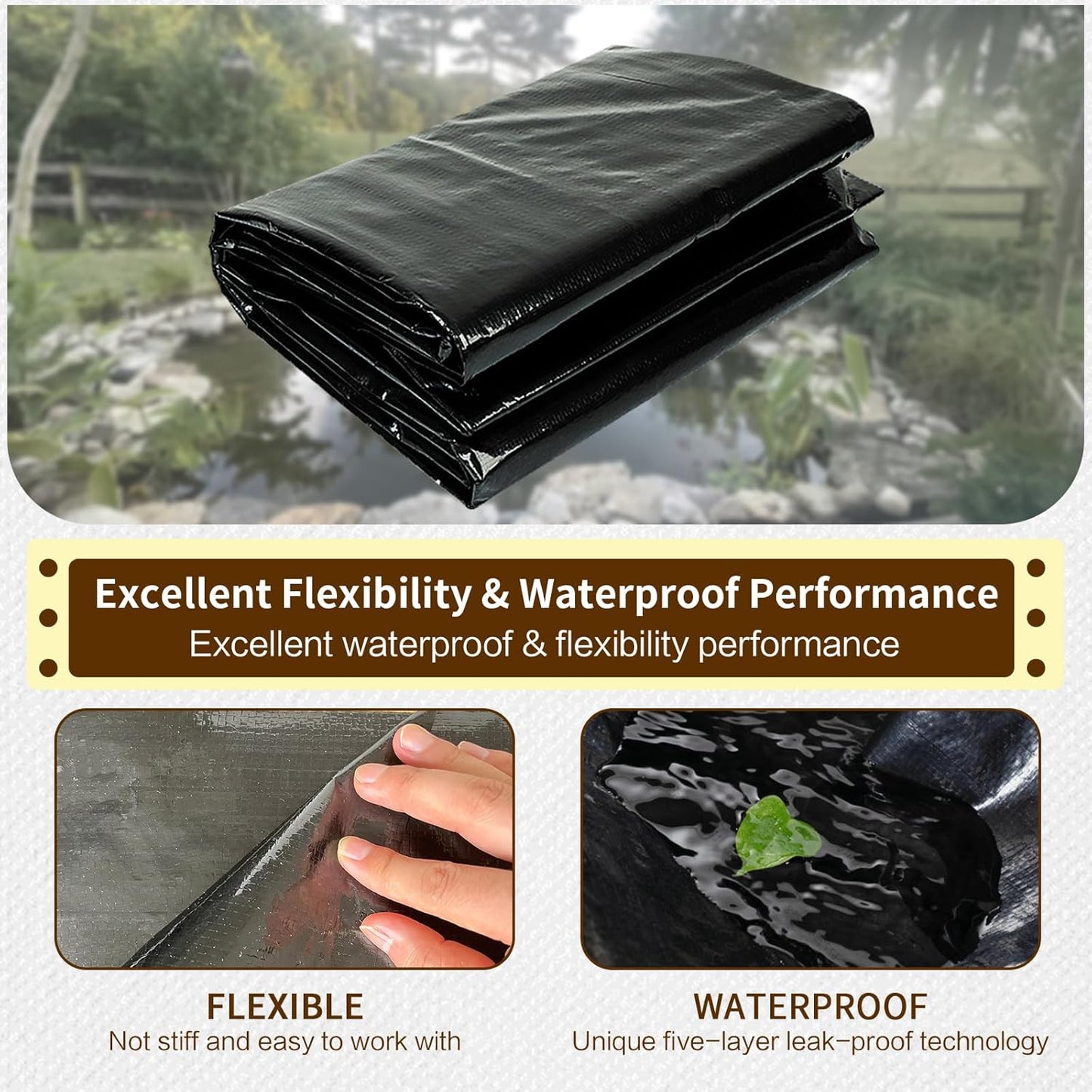 yeezoo 20x20FT Reinforced PE Pond Liner, KOI Pond Liners for Outdoor Ponds, Enhanced 5-Layer Structure Pond Liner for Fish, Duck, Garden Raised Bed and Waterscape Pond(0.63oz/sq ft Thickness)