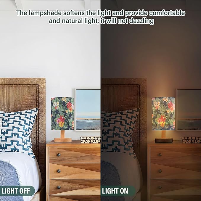 Table Lamp Tropical Palm Leaves Hibiscus Plumeria Flower Nightstand Lamp with Wood Base Fabric Lamp Shade Bedside Desk Lamp for Living Room Bedroom Kids Room Office