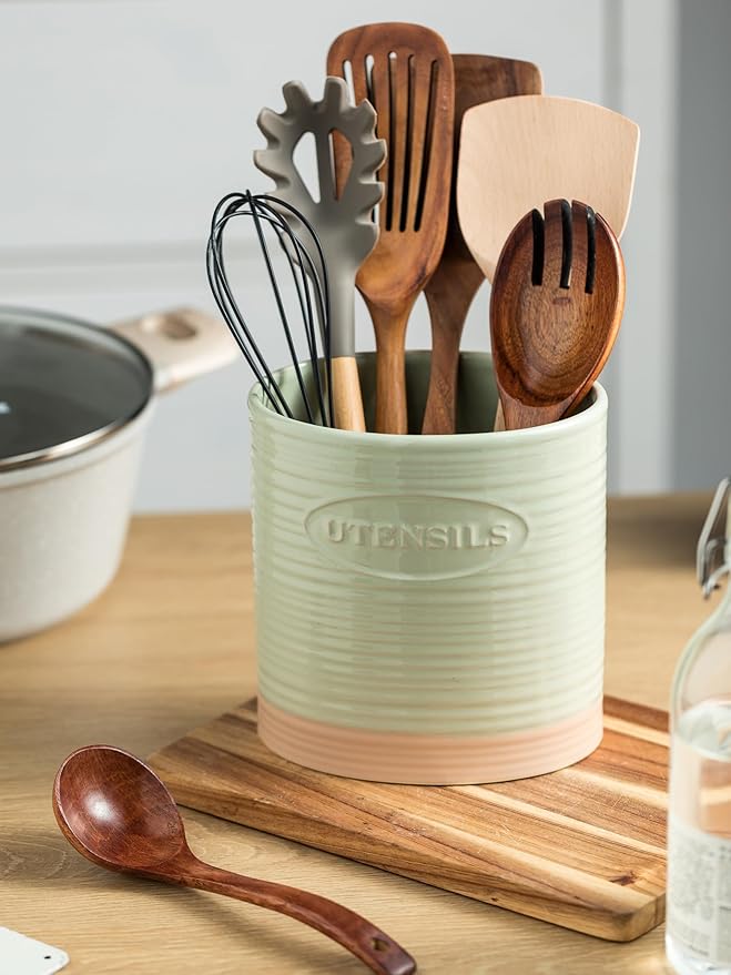 YHOSSEUN Kitchen Utensil Holder, Ceramic Utensil Holder for Kitchen Counter 6.7" Large Cooking Utensil Crock Farmhouse Utensil Organizer Storage, Oval Opening, Green
