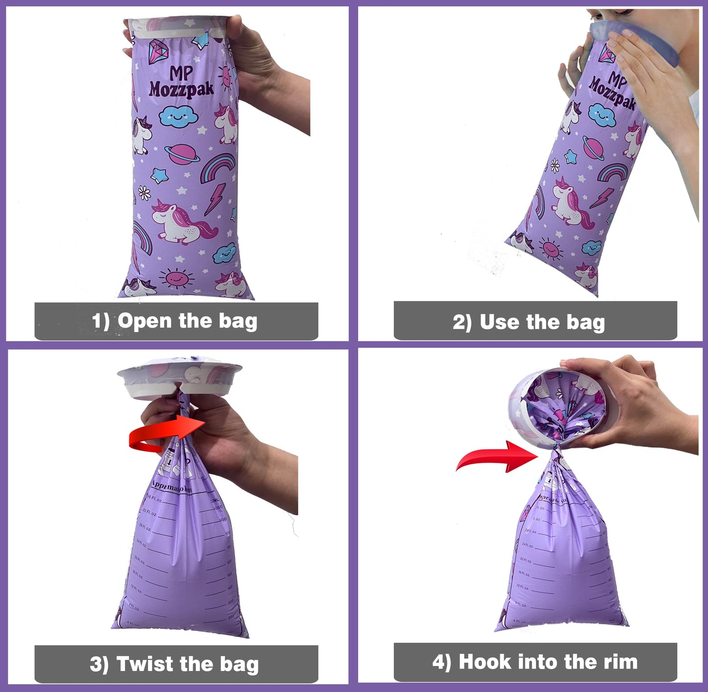 MP MOZZPAK Unicorn Kids Vomit Bags Disposable 35 Pack - Emesis Bags, Leak-Proof Barf Bag, Motion Sickness Relief for Children, Travel Friendly Puke & Throw up Bag for Car, Plane, & Road Trips