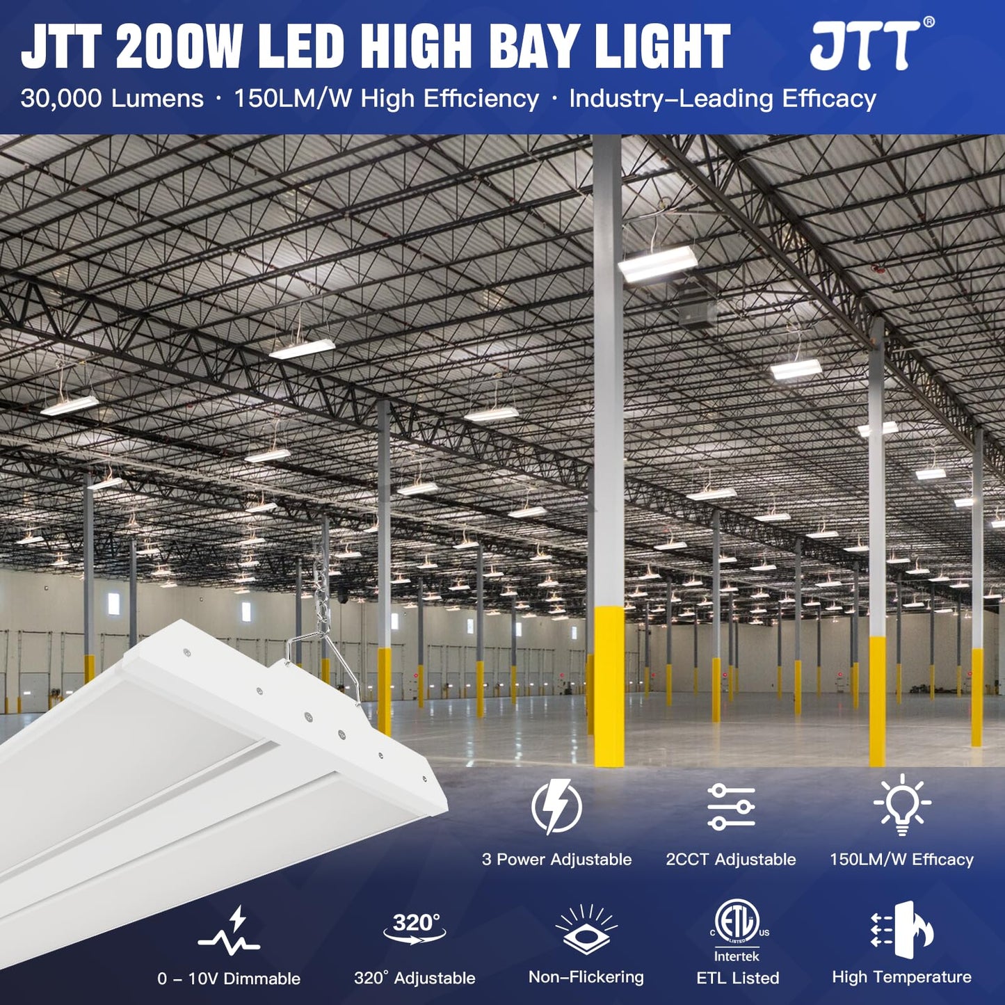 Jtt Led Linear High Bay Light 200/150/100W 30000Lm Shop Light Commercial 360 Adjustable 4/5000 Cct Tilt Hanging Led High Bay Shop Lighting Fixtures For Garage Warehouse Workshop Store  Etl 2-Pack