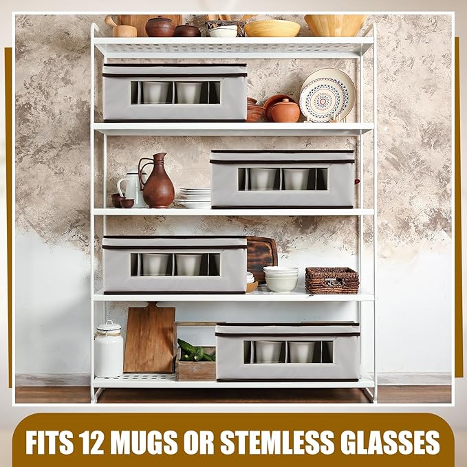 Uiifan 4 Pcs Mug 4 Pcs Champagne Flute Storage Box with Dividers 12 Compartment Stemware Storage Cases China Container Box with Lid, Handles, PVC Window for Moving, Beige