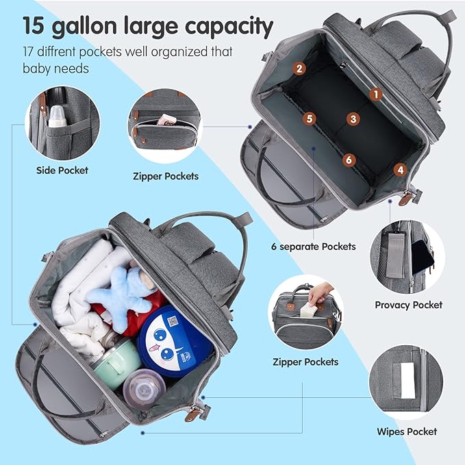 DERJUNSTAR Baby Diaper Bag Backpack with ChangingStation-Large Capacity Baby Bag for Boys & Girls, USBCharging Port, Pacifier Case, sunshade & Toy Bar,Waterproof， Pale Grey