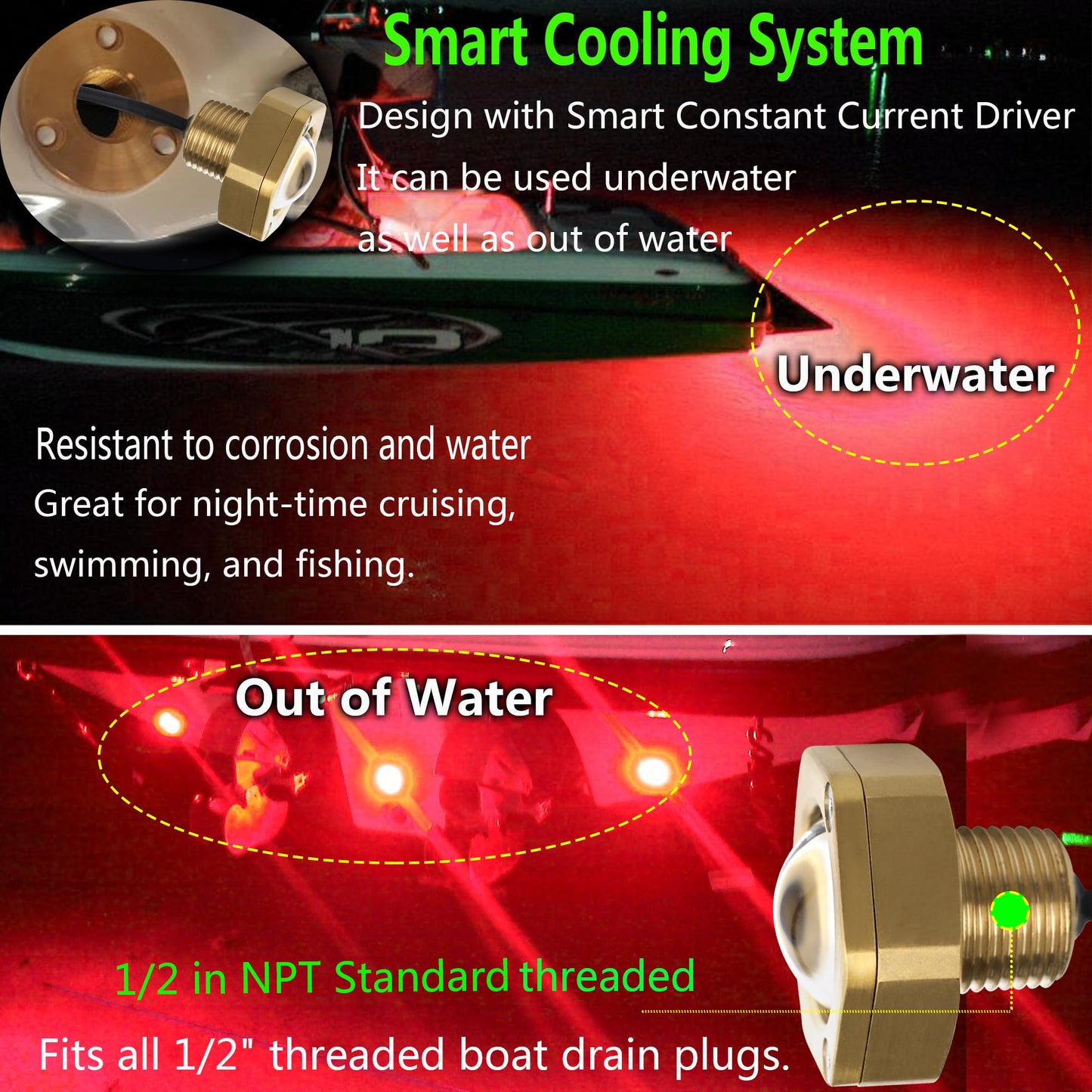 NBWDY Boat Drain Plug Light - 2 Pcs, IP68 Underwater LED, Remote Control, 4100LM, Bronze Housing, Red, Model RED2pc