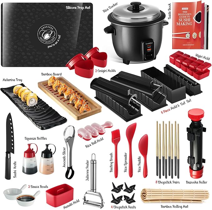All-Inclusive 𝗣𝗥𝗘𝗠𝗜𝗨𝗠 Sushi Making Kit for Beginners & Professionals - Sushi Maker with Rice Cooker, Reusable Chopsticks, Bazooka, Sushi Roller, Book - Sushi Kit for Family BPA-Free