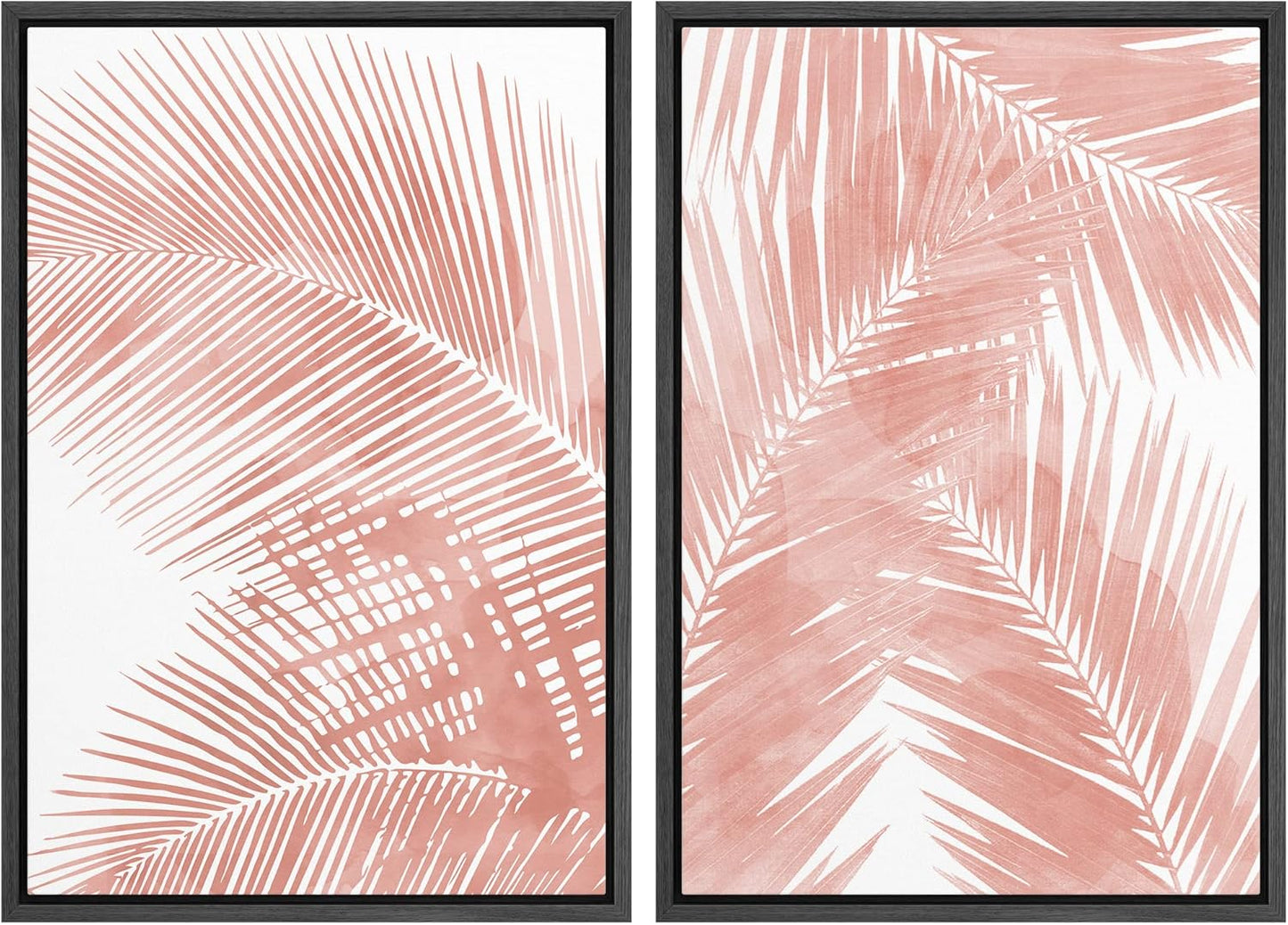 SIGNWIN Framed Canvas Print Wall Art Set Tropical Red Pastel Palm Leaf Plants Nature Wilderness Illustrations Modern Art Decorative Rustic Chic for Living Room, Bedroom, Office - 16"x24"x2 Black