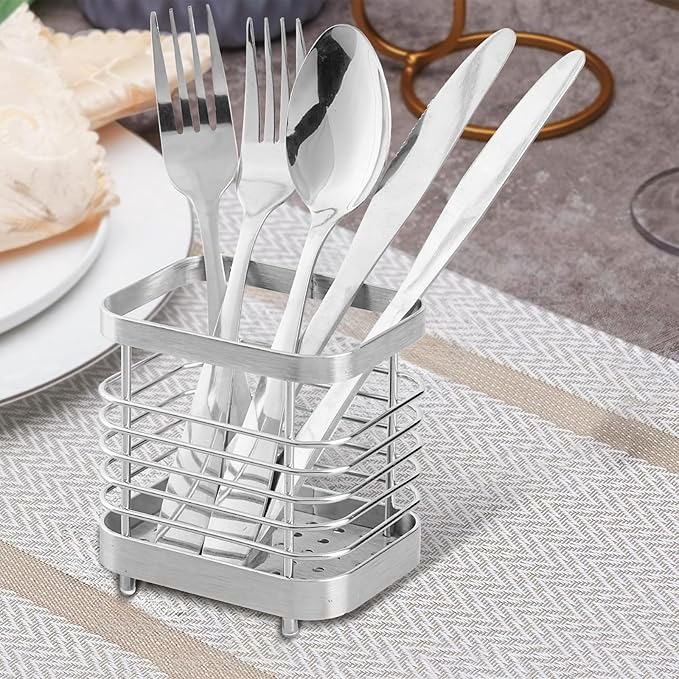 Utensil Holder, Stainless Steel Utensil Drying Rack for Kitchen Counter, Silverware Cutlery Flatware Holder Forks, Knives, Spoons, Chopsticks Organizer (Silver)
