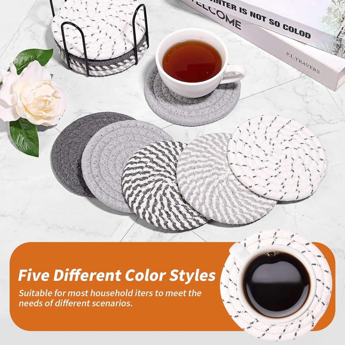Mckanti 10 Pcs Round Cotton Coasters with Holder, 5 Colors Absorbent Drink Coasters for Home Decor, Grey