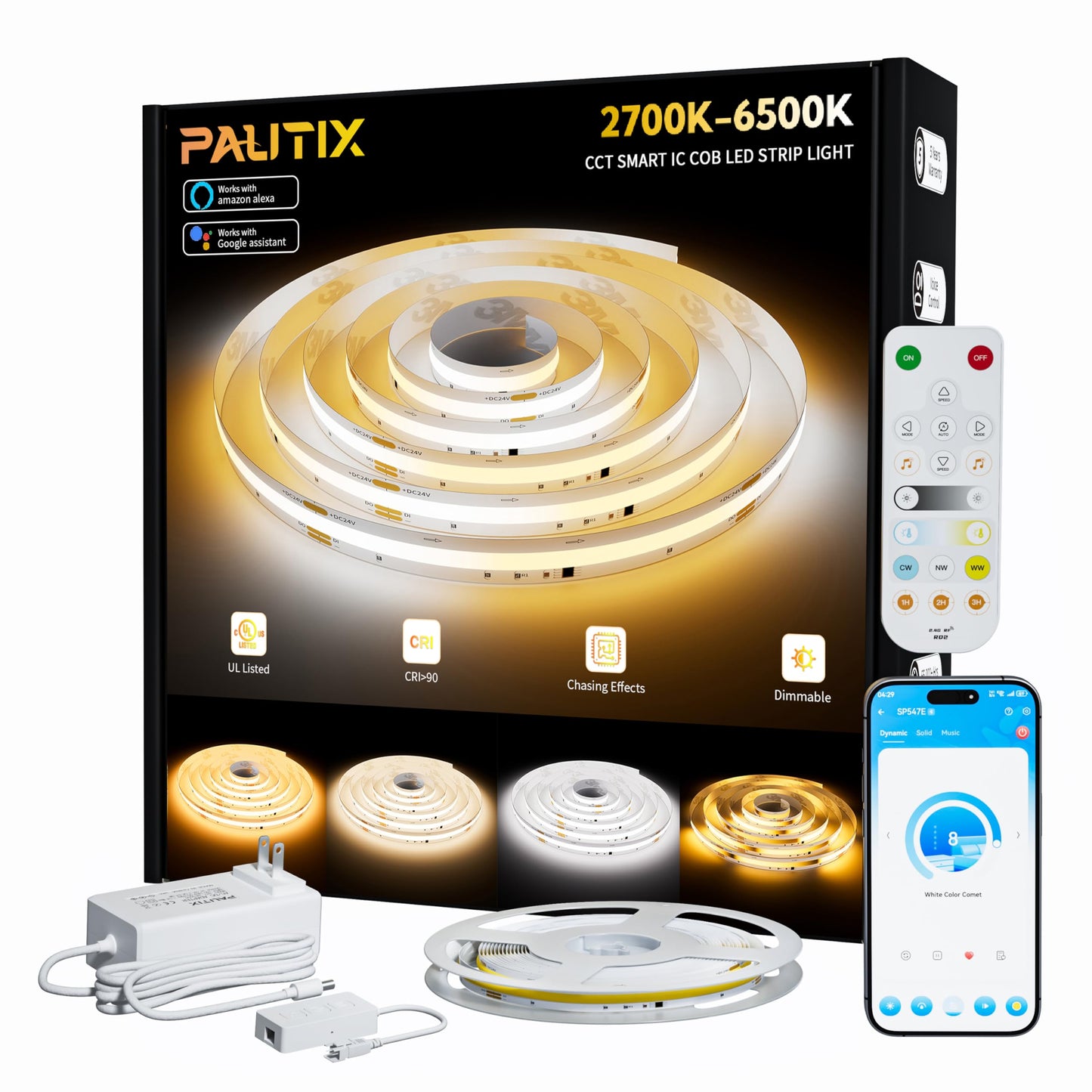 Pautix Cob Led Strip Lights Addressable 2700K-6500K Chasing White Light Cct Smart Ic Tunable Tape Lights 16.4Ft Super Bright Dimmable Alexa Voice Control For Under Cabinet Bedroom Kitchen Diy Lighting