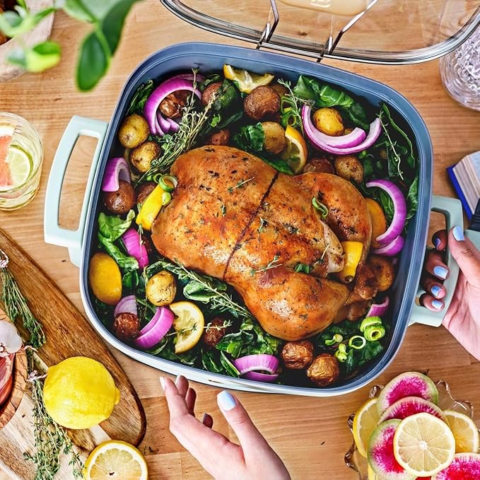 Beautiful 5-in-1 Electric Skillet 7QT, Cast Aluminum Extender, Nonstick, 1500W, Dishwasher-Safe Lid, Slow Cook, Steam (Sage Green)