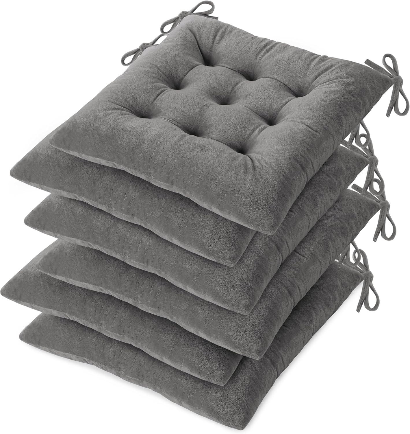 OVOV Chair Cushions for Dining Chairs Set of 6 Tufted Indoor Chair Pads with Ties Soft Square Seat Cushions for Kitchen Chairs 15.5"x15.5",Grey