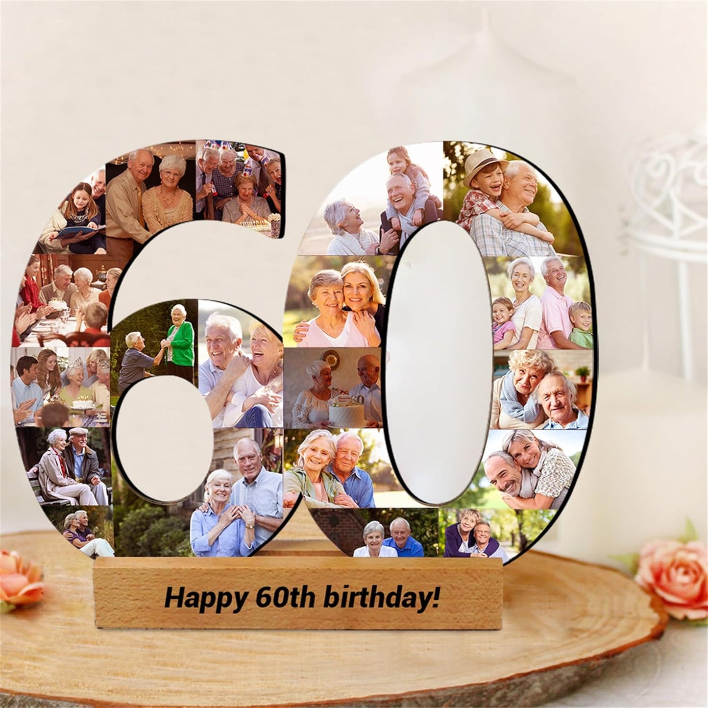 Personalized 16th Birthday Photo Frame Sign with 1-20 Picture Custom 50th Anniversary Picture Plaque Numbered Photo Collage 60 Anniversary Frame 18th Birthday Photo Sign,Wooden Base Birthday Frame