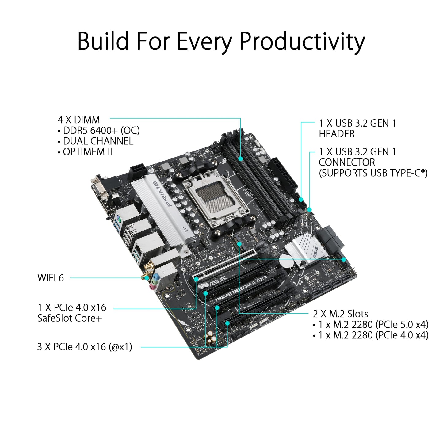 ASUS Prime B650M-A AX II Micro-ATX Motherboard, DDR5, PCIe 5.0, Wi-Fi 6, Black