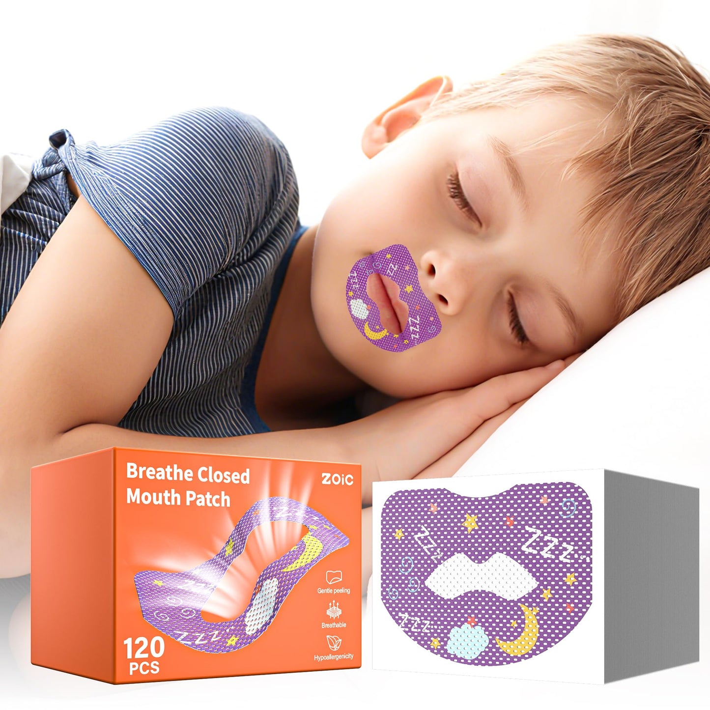 120pcs Mouth Breathing Correction Patch, Children's Closed Mouth Patch, Adult Anti-snoring, Closed Mouth Patch, Improve Mouth Breathing Facial Problems (Purple, 120pcs-Ages 8-15)
