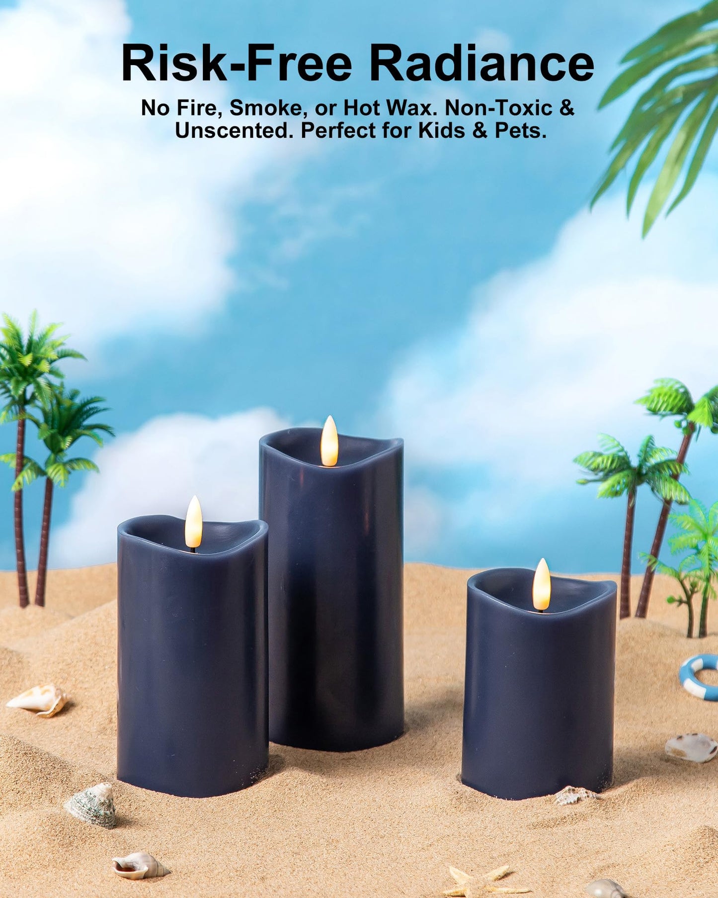 Velsyn Navy Blue Flameless Candles with Remote and Timer, Real Wax Made LED Pillar Candles Battery Operated with 3D Flickering Flame Melted Top, 3" x 4", 3" x 5", 3" x 6", Navy Blue Decor, Set of 3
