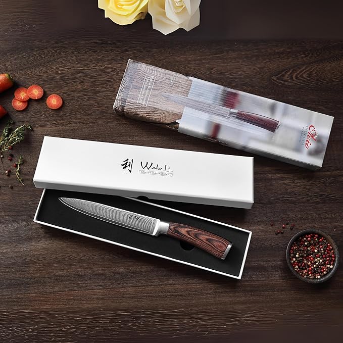 Wakoli EDIB Damascus Meat Knife – 7-Inch Japanese Style Kitchen Knife for Meat, BBQ & Roasts | Genuine 67-Layer Damascus Steel Blade with VG10 Core | Ergonomic Pakkawood Handle | Premium Knife