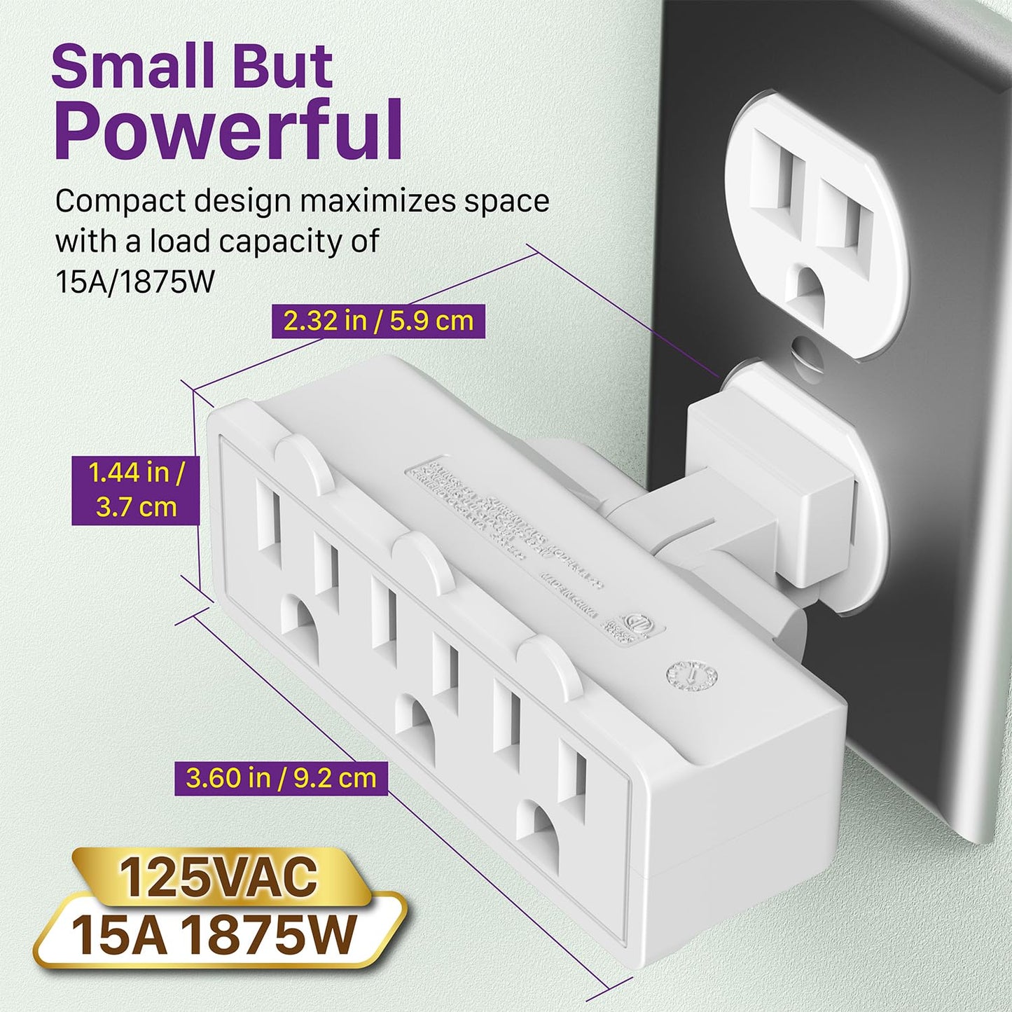Fosmon 3 Outlet Adapter, 3 Way Rotating Outlet Plug Adapter, Swivel Plug Outlet 90 Degree Right Angle Plug Adapter, Three Way Ro