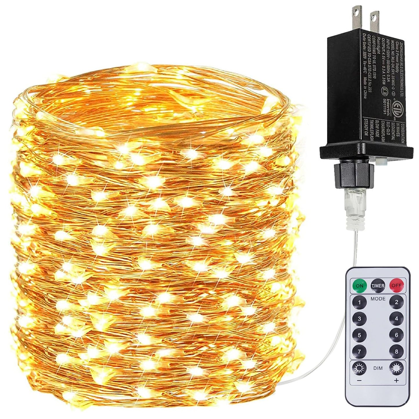BHCLIGHT 99Ft 300 LED Fairy Lights, Waterproof Copper Wire String Lights with Remote, Warm White, Model MLS-D4.5V1.35WUC-O