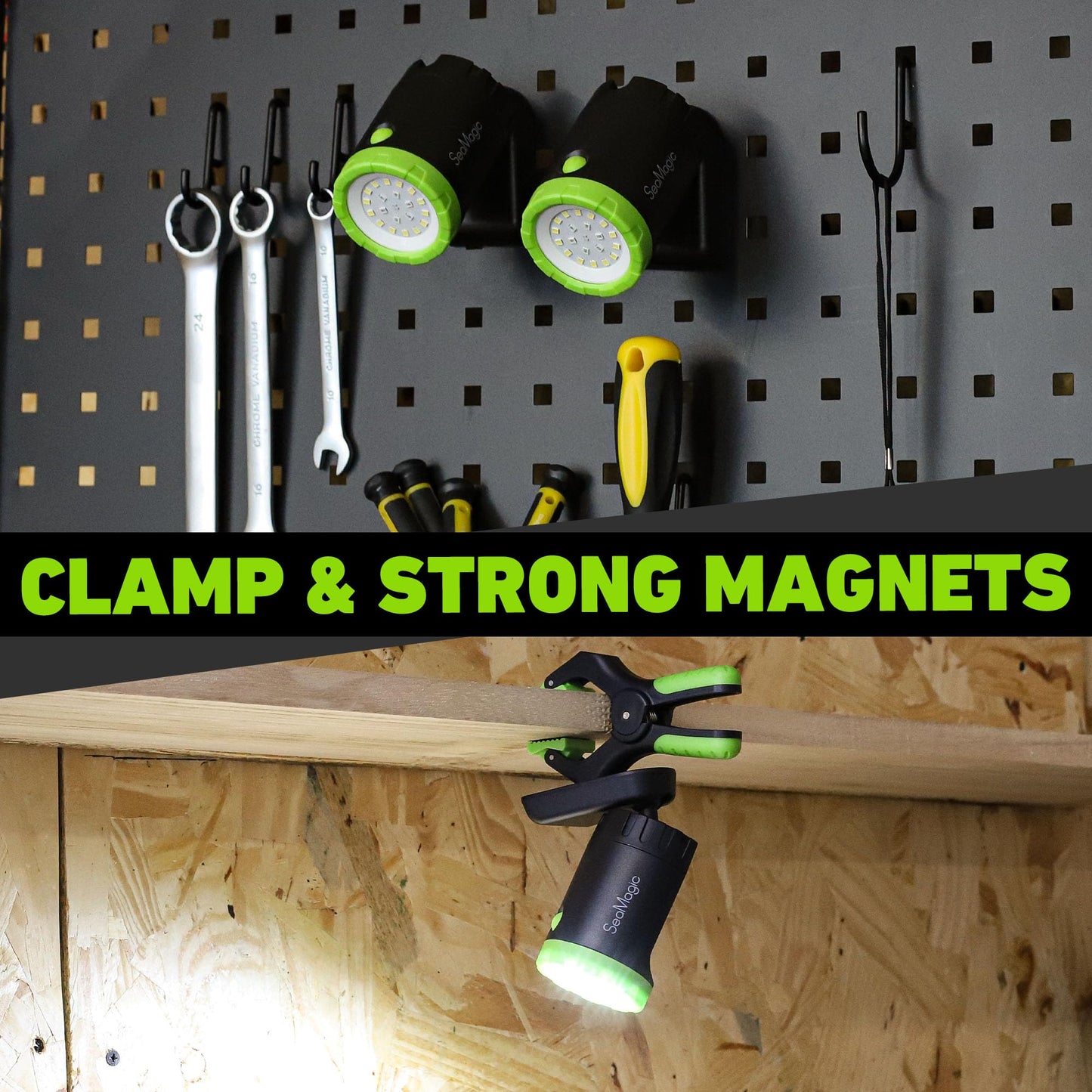 SEAMAGIC 4-Pack Rechargeable LED Work Lights, 360-Degree Adjustable Spotlights with Magnetic Base, Clamp Lights for Barbecue, Workshop, Construction Site, Car Repairing and Home Using