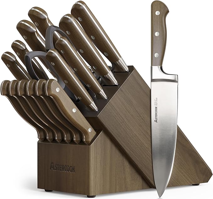 Astercook Knife Set, 17-Pieces Forged Kitchen Knife Set with Block – Full-Tang Stainless Steel Knives, Forged Triple Rivet, Luxury Walnut Handles, Gift-Ready Collection