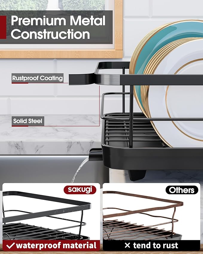 Stainless Steel Dish Drying Rack for Kitchen Counter, Sink Organization and Storage Essentials with Silverware & Utensil Holder, Home and Apartment Decor, 12''W x 15.5''L, Black