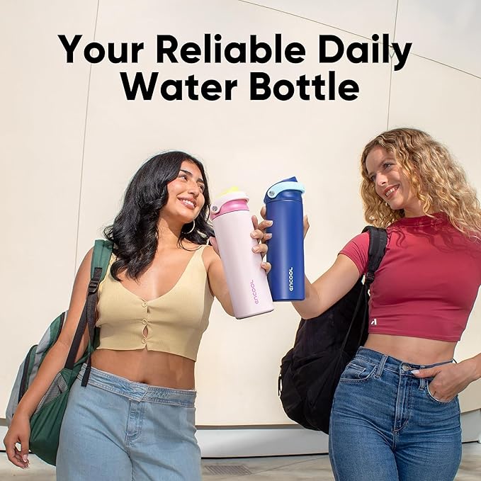 ENCOOL Leakproof Insulated Water Bottle with Straw Dual-Sip Water Bottle Bag-Safe Design for Work, Commute & Gym – Keeps Drinks Cold All Day, 24 oz, Poppy Pink