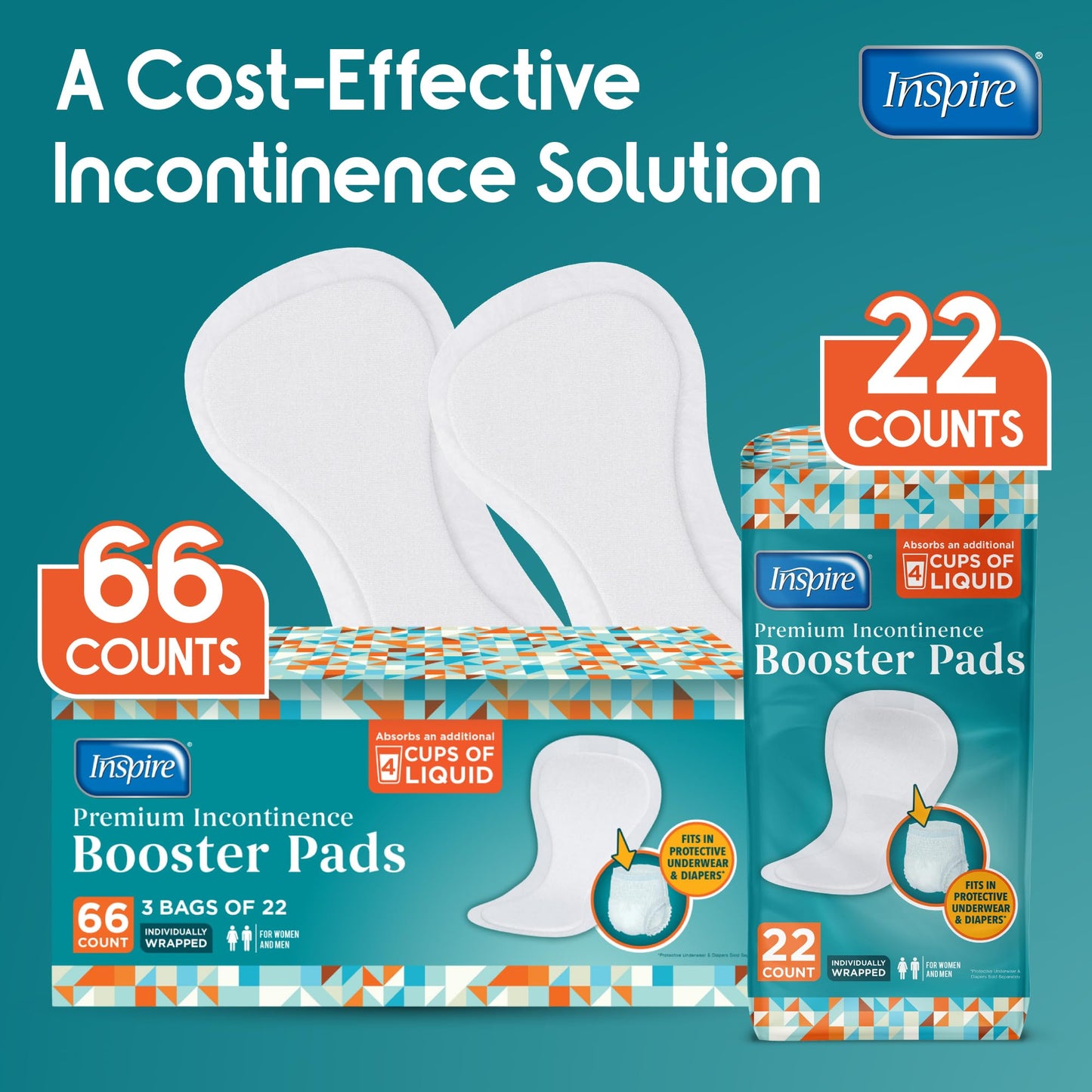 Inspire Ultra Absorbency Incontinence Booster Pads | Absorbs Over 4 Cups! | for Women or Men, Adhesive Strip Use in Incontinence Underwear and Diapers Leak-Free (66 Count)