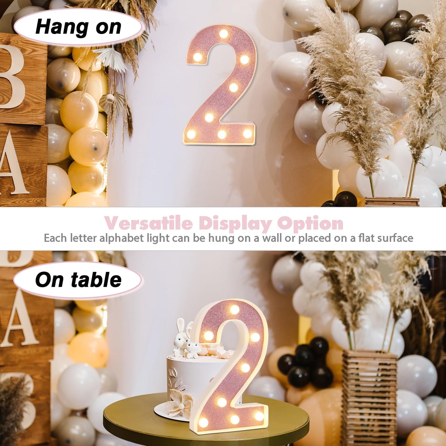 DyingSwan LED Marquee Number 2, 8.58 Inch Pink Glitter Light Up Decor, Battery Powered Plastic Night Light