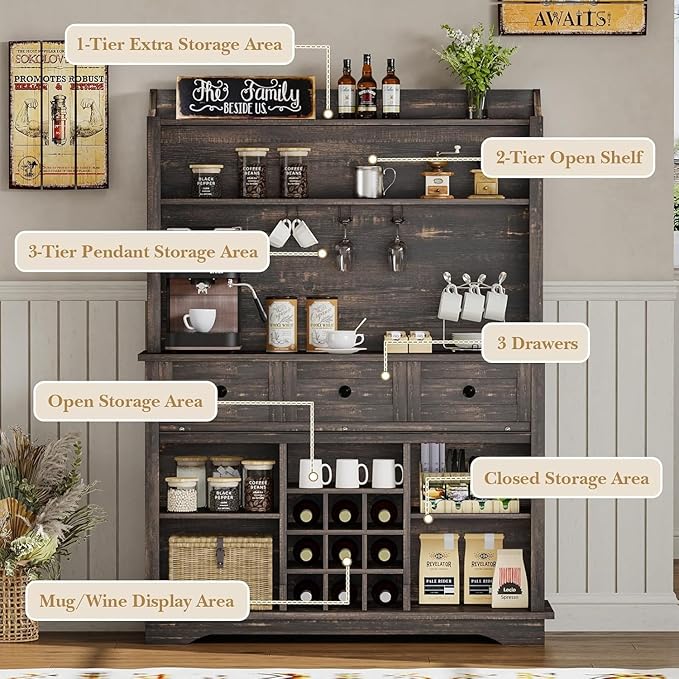 63 Inch Tall Coffee Bar Cabinet with 3-Tier, Kitchen Hutch with 3 Large Drawers, Farmhouse Coffee Bar with 9 Wine Racks & 3 Glass Holders, Wine Storage Cabinet for Living Dining Room, Oak