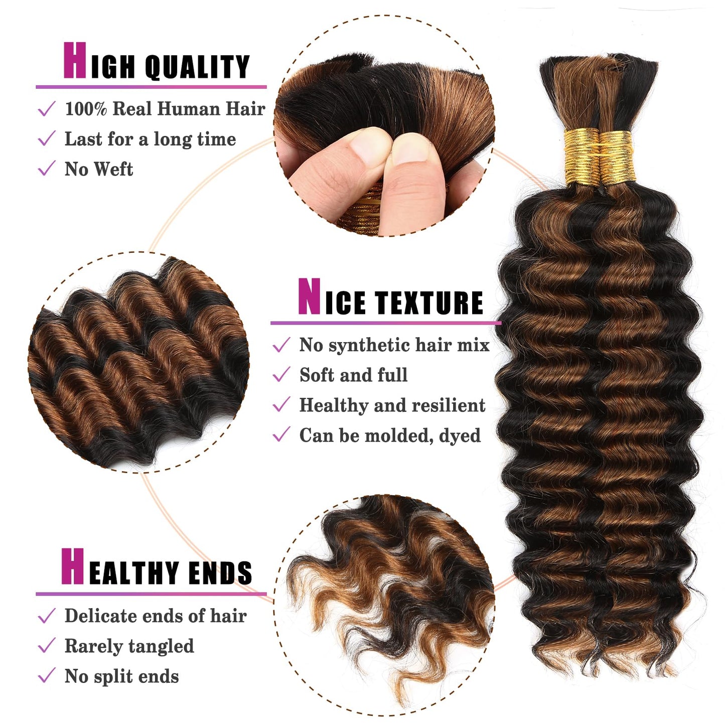1B/30 Highlight Bronze Human Braiding Hair Deep Wave Bulk,Black and Gold No Weft Curly Braiding Hair Extensions for Boho Braids