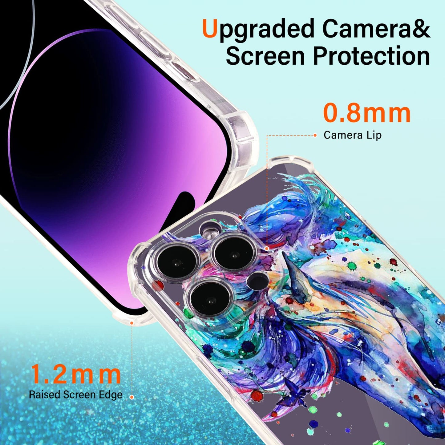 Roemary Purple Case For Iphone 11 Pro Max With Blue Horse Design,Watercolor Pattern With Screen Protector [Buffertech 6.6 Ft Dro