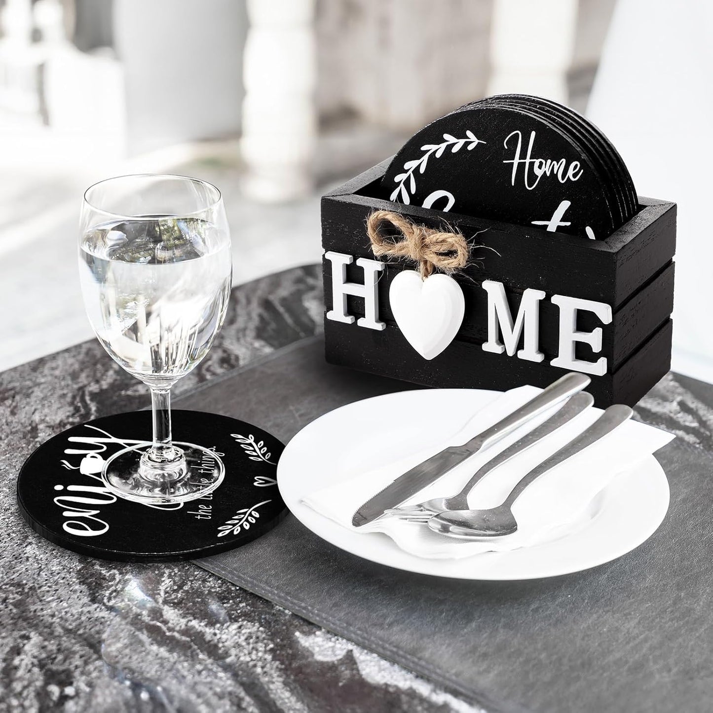 Queekay Housewarming Gifts for Home Decoration Wooden Heart Coasters for Drinks 6 Set Farmhouse Coasters with Holder Funny for Family Coffee Table Protection, 4''(Black)