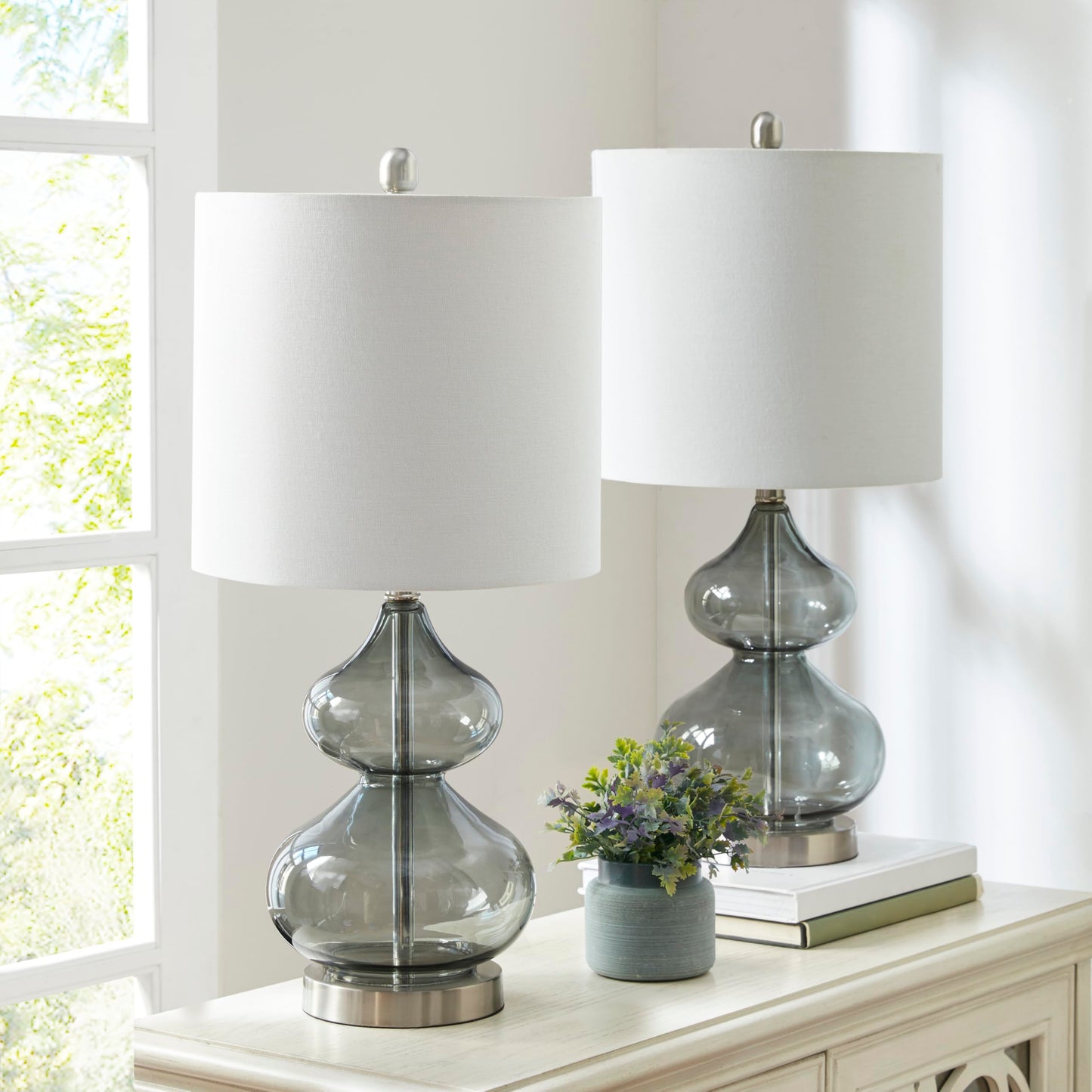 510 DESIGN Table Lamp Set of 2 - Curved Tinted Glass, Gold Base, 25.25inH, Modern Nightstand Lamp, Model 5DS153-0014