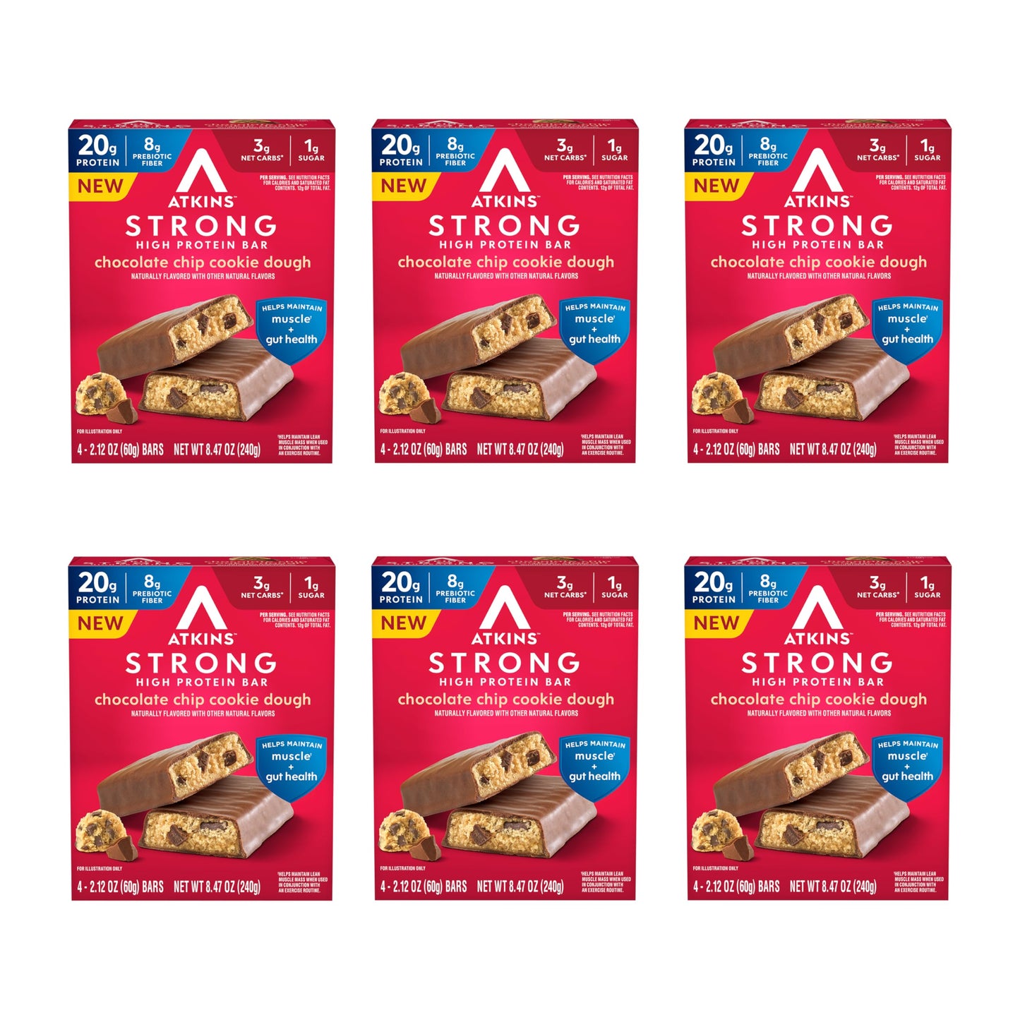 Atkins Strong Chocolate Chip Cookie Dough High Protein Bars, 20g Protein, 2g Sugar, 4 Count (Pack of 6)