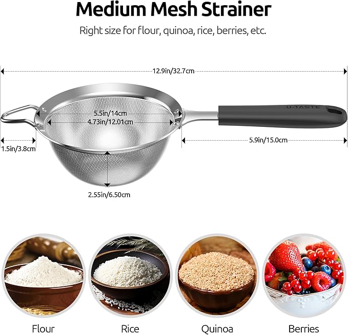 U-Taste Fine Mesh Food Strainer: 18/8 Stainless Steel 30 Mesh Kitchen Sieve with Sturdy Riveted Silicone Handle, Heavy Duty Deep Handheld Metal Colander (Small/3.35in+Medium/4.73, Black)