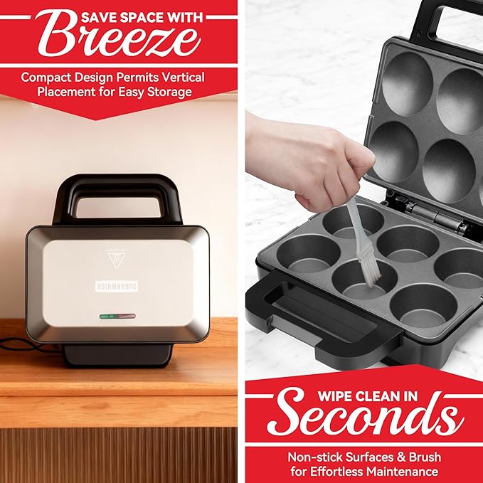 6-Count Cupcake Maker Machine, Bakes 6 X 2.5 Inch Cupcakes, Muffins, Pizza Cups, Cinnamon Buns, Cool-touch Handle, Non-stick Coating, Recipe Included, Graphite