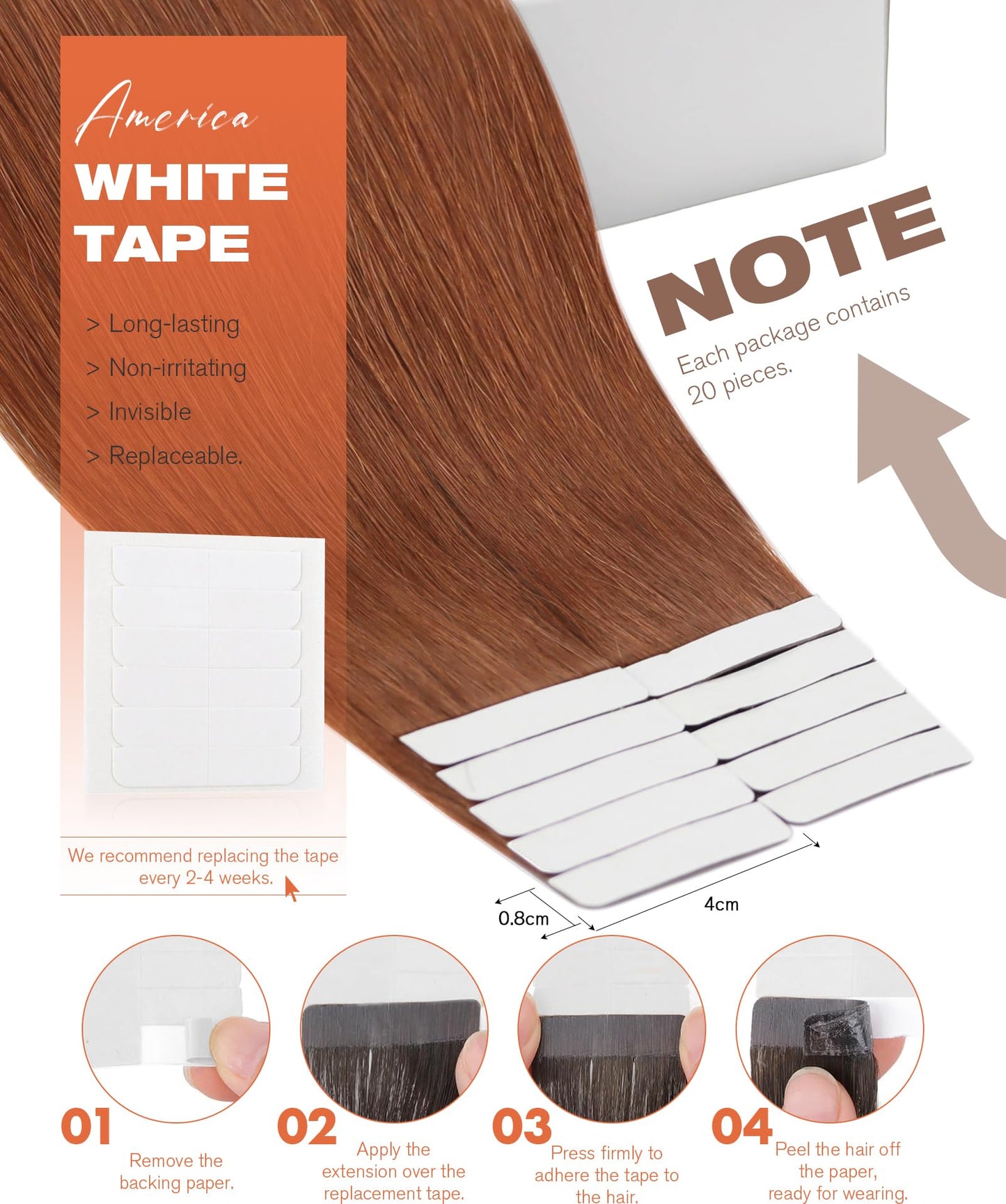 Sunny Hair Tape in Hair Extensions Real Human Hair Invisible Remy Hair Extensions Tape ins for Women Copper Red 20 inch 20Pcs 50
