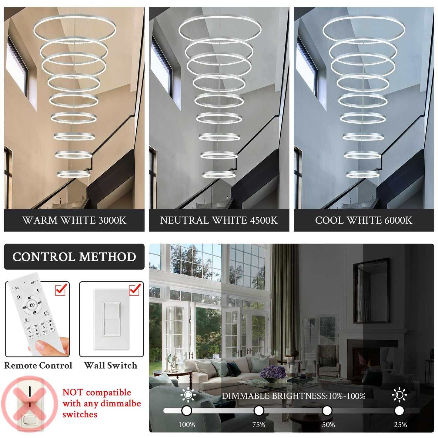 Sparklelf Modern LED Chandelier, 9 Rings 39.4in, Dimmable, Silver, Remote Control, 3000K-6500K for High Ceiling Entryway, Living