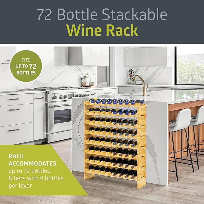 Pearington 72 Bottle Stackable Modular Wine Rack, 8-Tier Solid Pine Wine Bottle Holder, Free Standing Display Shelf, Wobble-Free Shelves for Kitchen, Bar, and Cellar, 10” x 33.5” x 43”