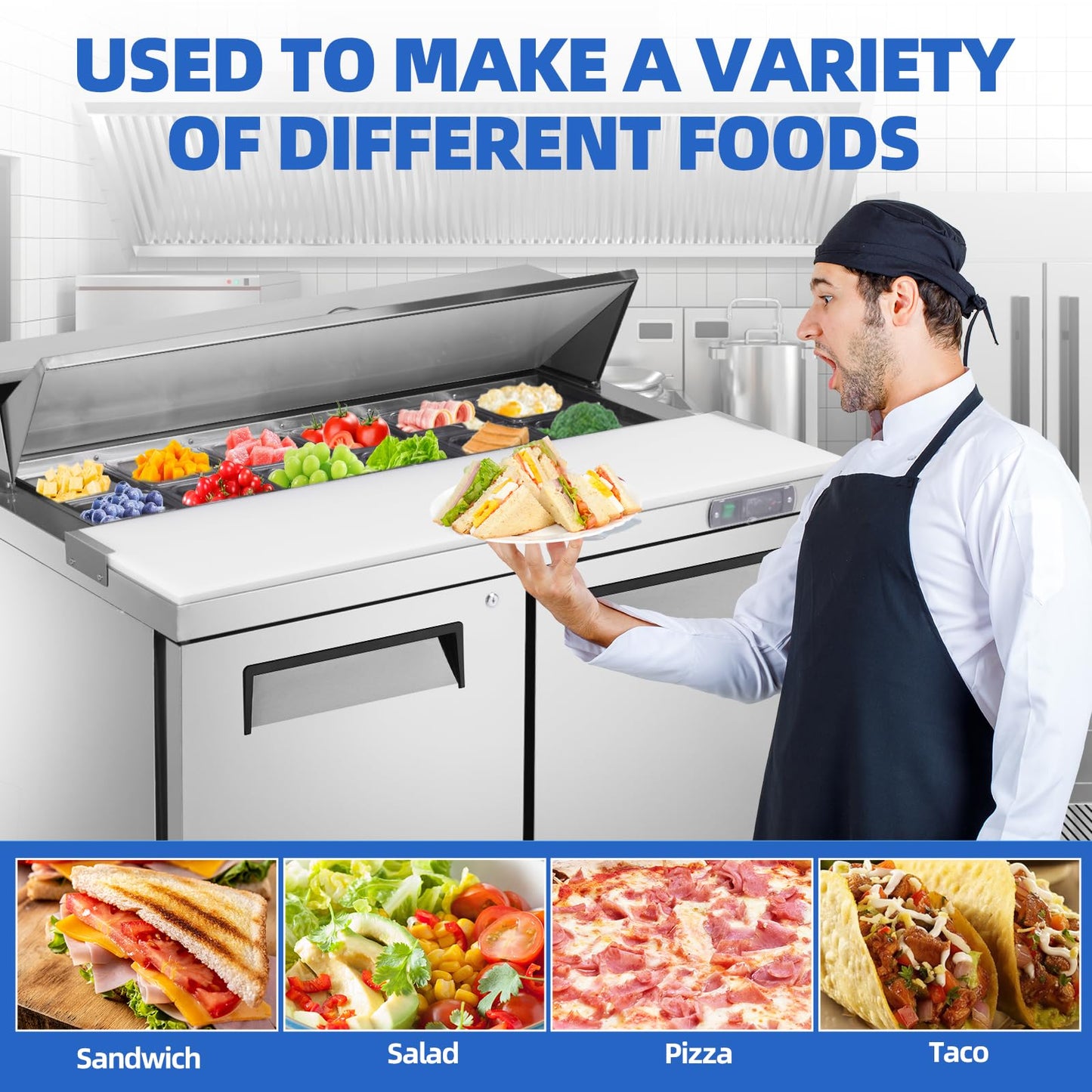 kalifon Sandwich Prep Table Refrigerator, 48" W Commercial Refrigerator Sandwich Salad Prep Table, Sandwich Prep Table with 12 Pans, Salad Bar Buffet Station For Home with 2 Shelves for Restaurant