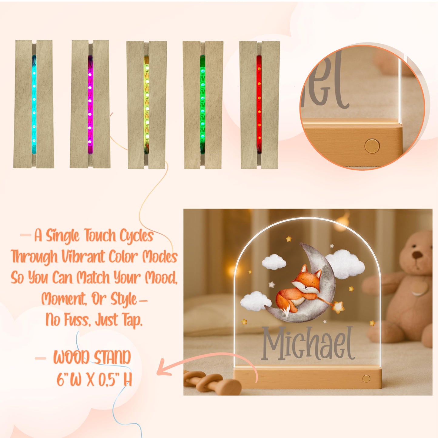 Personalized Kids Name Night Light - Custom Baby Gift Acrylic Led Lamp With Stars  Moon & Cute Designs - Nursery Bedside Nightlight Room Decor For Boys & Girls - Unique Birthday  Christmas Gift Idea